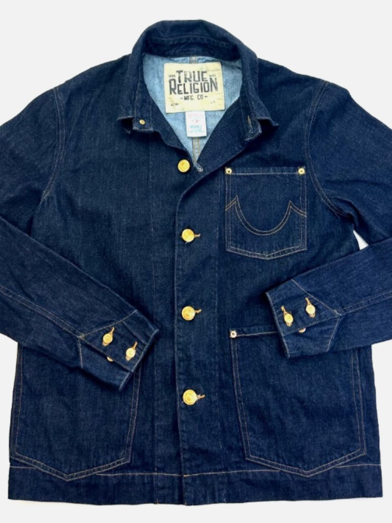 True Religion Dino Blue Collar Wide Goods Me Denim Jacket Men's Size L New